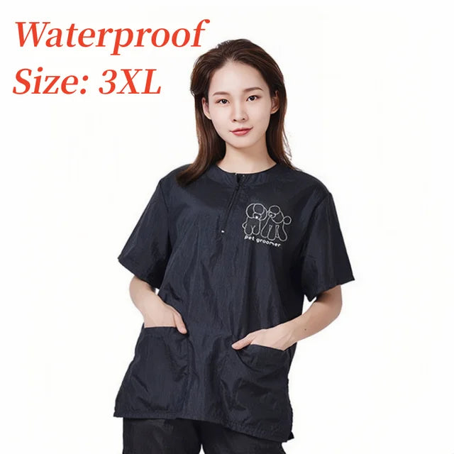 Pet Groomer Work Clothes Pet Dog Grooming Uniforms Waterproof Smock Hairproof Tops Short Sleeved Apron Purple Black Gown Y0519