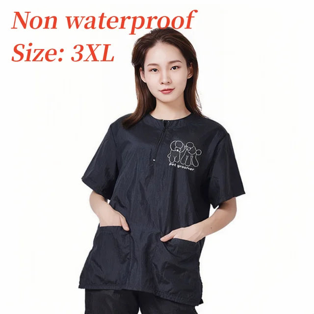 Pet Groomer Work Clothes Pet Dog Grooming Uniforms Waterproof Smock Hairproof Tops Short Sleeved Apron Purple Black Gown Y0519