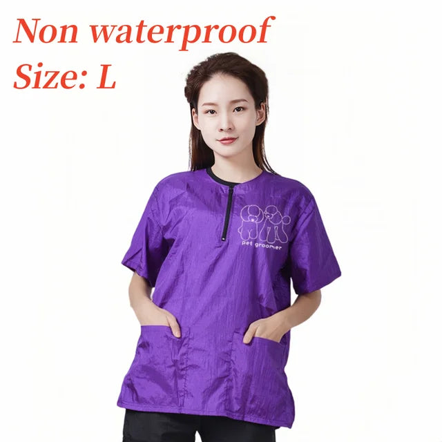 Pet Groomer Work Clothes Pet Dog Grooming Uniforms Waterproof Smock Hairproof Tops Short Sleeved Apron Purple Black Gown Y0519