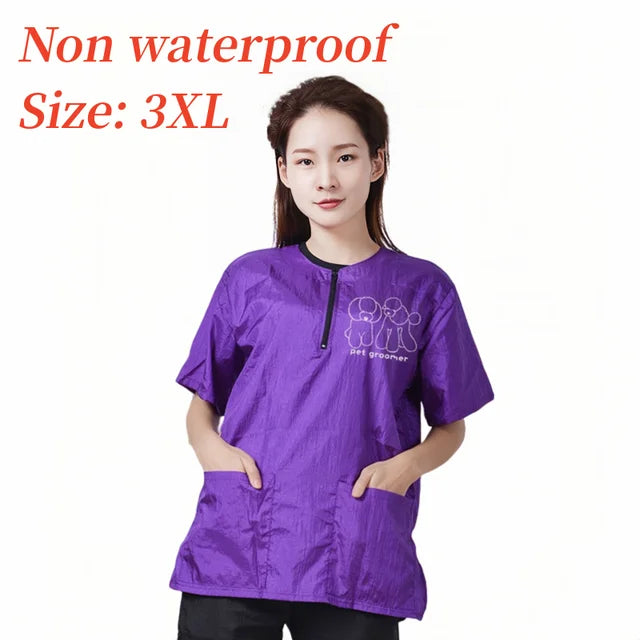 Pet Groomer Work Clothes Pet Dog Grooming Uniforms Waterproof Smock Hairproof Tops Short Sleeved Apron Purple Black Gown Y0519