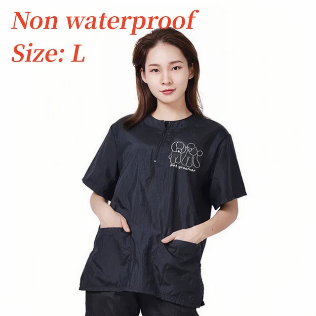 Pet Groomer Work Clothes Pet Dog Grooming Uniforms Waterproof Smock Hairproof Tops Short Sleeved Apron Purple Black Gown Y0519