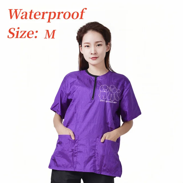 Pet Groomer Work Clothes Pet Dog Grooming Uniforms Waterproof Smock Hairproof Tops Short Sleeved Apron Purple Black Gown Y0519