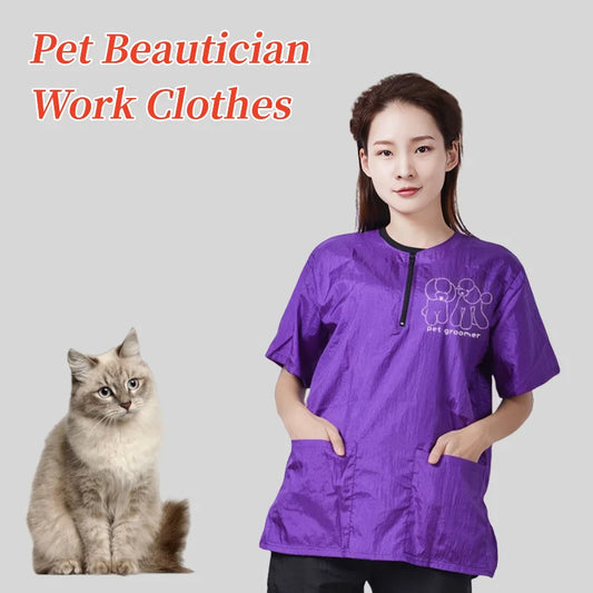 Pet Groomer Work Clothes Pet Dog Grooming Uniforms Waterproof Smock Hairproof Tops Short Sleeved Apron Purple Black Gown Y0519