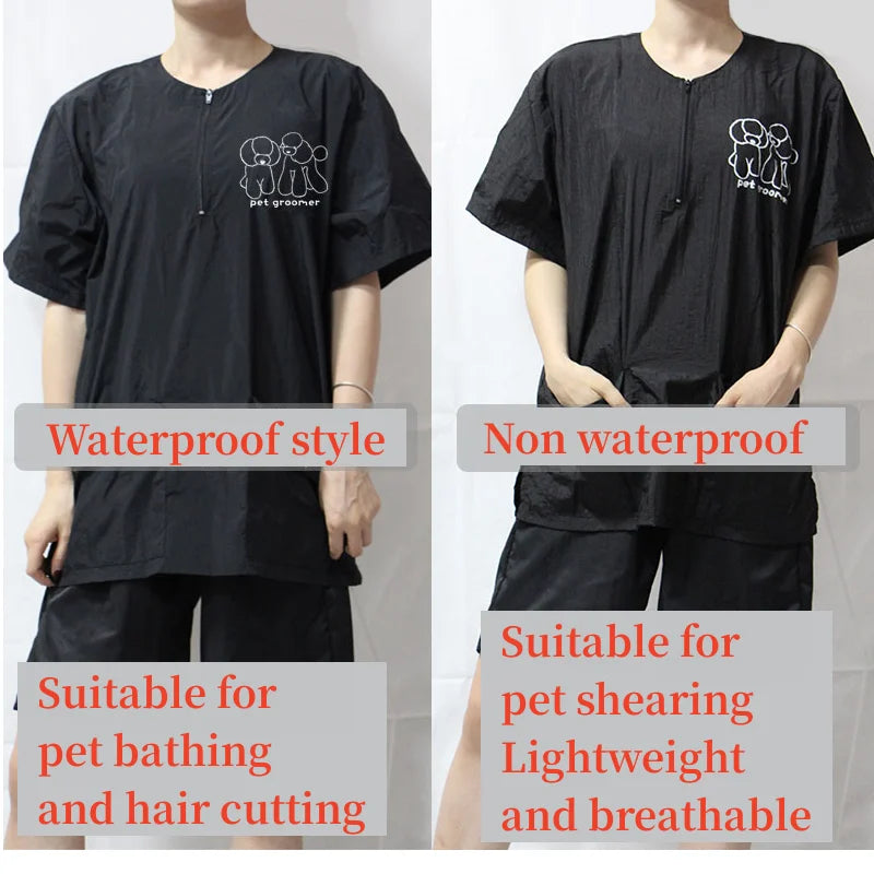 Pet Groomer Work Clothes Pet Dog Grooming Uniforms Waterproof Smock Hairproof Tops Short Sleeved Apron Purple Black Gown Y0519