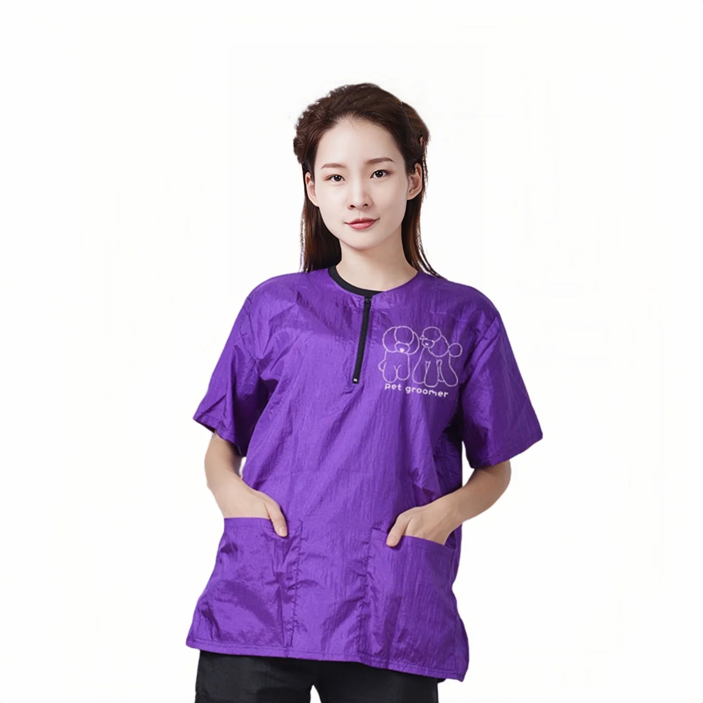 Pet Groomer Work Clothes Pet Dog Grooming Uniforms Waterproof Smock Hairproof Tops Short Sleeved Apron Purple Black Gown Y0519