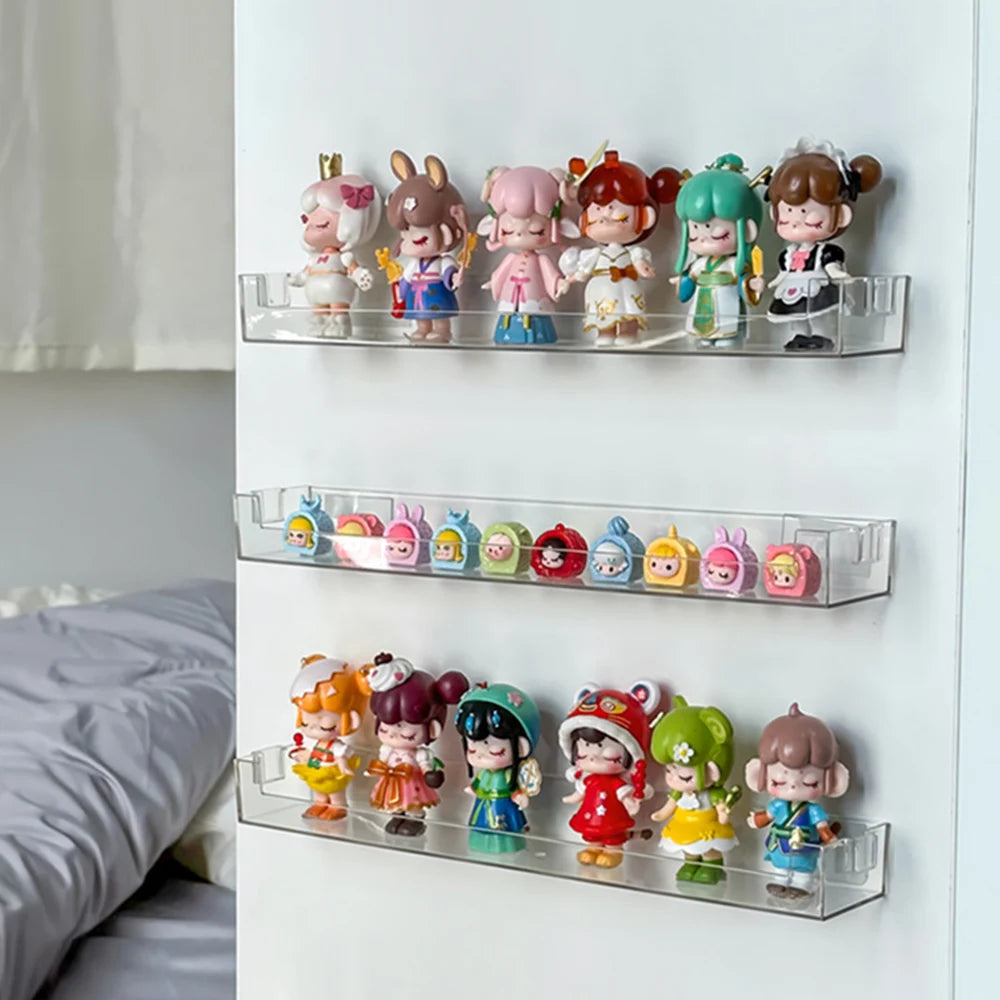 Wall Mounted Storage Rack Glasses Rack Blind Box Organizer Holder No Punching Floating Shelf Transparent PET Toy Display Stand